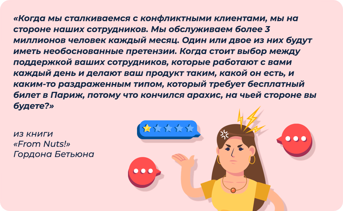 «Когда мы сталкиваемся с конфликтными клиентами, мы на стороне наших сотрудников. Мы обслуживаем более 3 миллионов человек каждый месяц. Один или двое из них будут иметь необоснованные претензии. Когда стоит выбор между поддержкой ваших сотрудников, которые работают с вами каждый день и делают ваш продукт таким, какой он есть, и каким-то раздраженным типом, который требует бесплатный билет в Париж, потому что кончился арахис, на чьей стороне вы будете?» из книги «From Nuts!» Гордона Бетьюна