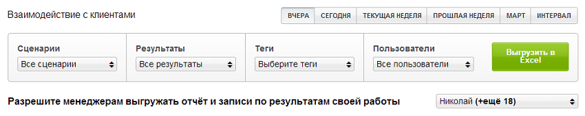 Фильтры отчёта «Взаимодействие с клиентами»