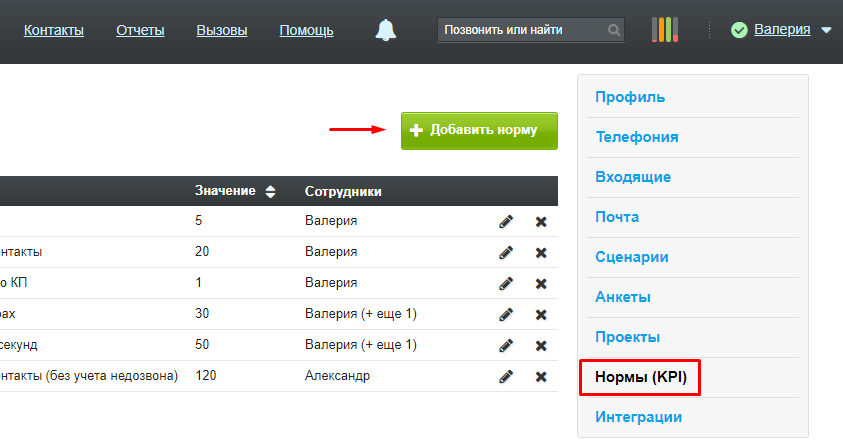 Раздел «Нормы (KPI)»